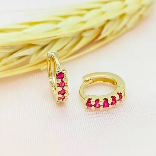 Brinco Argola Cravejada Cor de Rubi Banhado a Ouro 18K