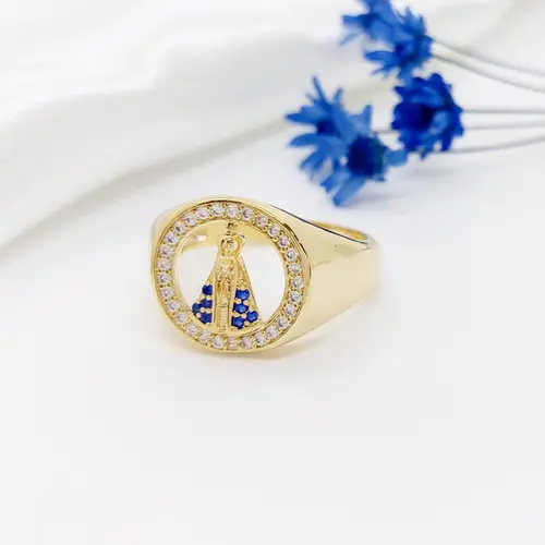 ANEL NOSSA SENHORA CRAVEJADO BANHADO A OURO 18K