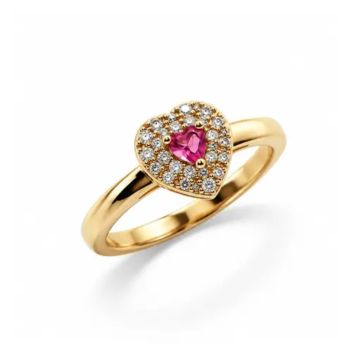 ANEL CORAÇÃO PEDRA ROSA BANHADA A OURO 18K