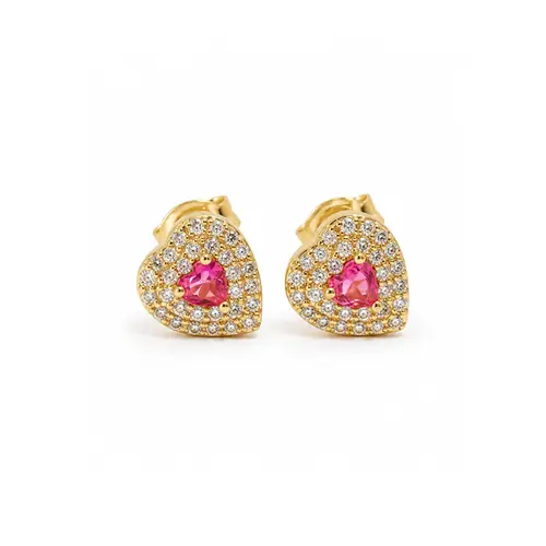 BRINCO CORAÇÃO PEDRA ROSA BANHADO A OURO 18K