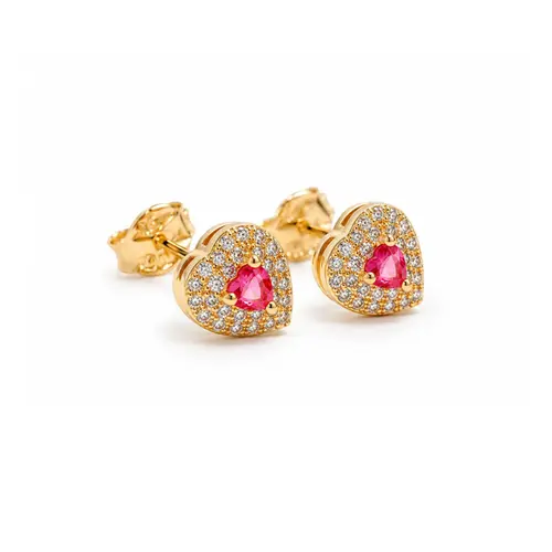 BRINCO CORAÇÃO PEDRA ROSA BANHADO A OURO 18K