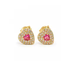 BRINCO CORAÇÃO PEDRA ROSA BANHADO A OURO 18K