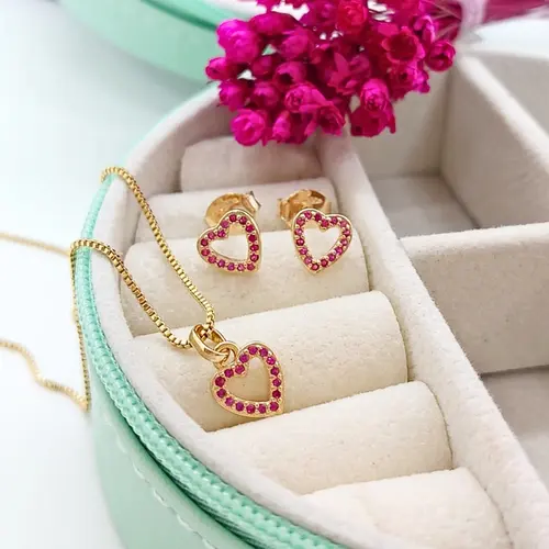 Conjunto Coração Infantil Banhado a Ouro 18K