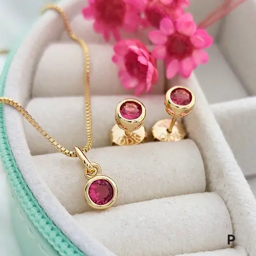 Conjunto Ponto Luz Rosa Infantil Banhado a Ouro 18K