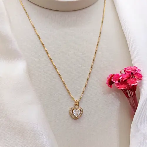 Colar Coração com Zircônia Central Banhado a Ouro 18K