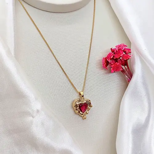 CONJUNTO CORAÇÃO VERMELHO BANHADO A OURO 18K