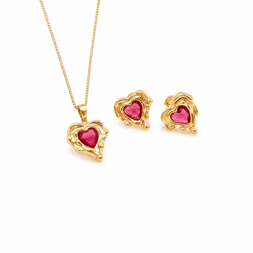 CONJUNTO CORAÇÃO VERMELHO BANHADO A OURO 18K