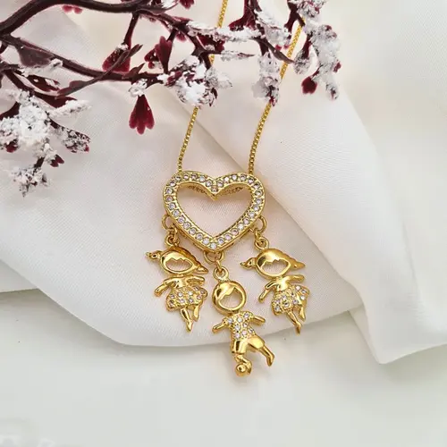 COLAR 3 FILHOS CORAÇAO CRAVEJADO BANHADO A OURO 18K