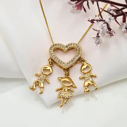 COLAR 3 FILHOS CORAÇAO CRAVEJADO BANHADO A OURO 18K