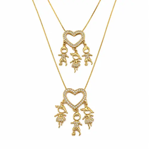COLAR 3 FILHOS CORAÇAO CRAVEJADO BANHADO A OURO 18K