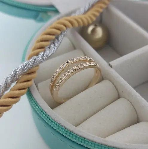 Anel Duplo Luxo Cravejado Banhado a Ouro 18K