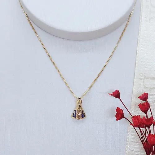 Colar Nossa Senhora Aparecida Cravejado Banhado a Ouro 18K