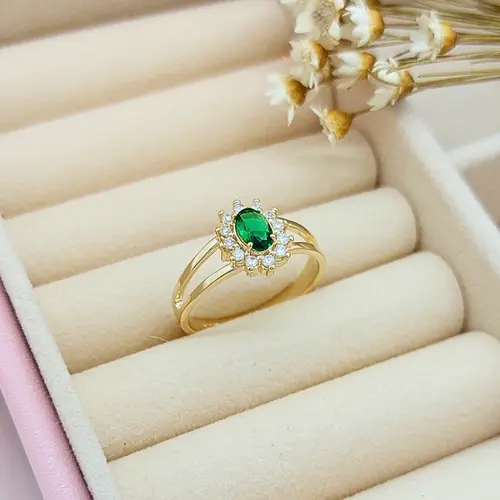Anel floral verde banhado a ouro 18k