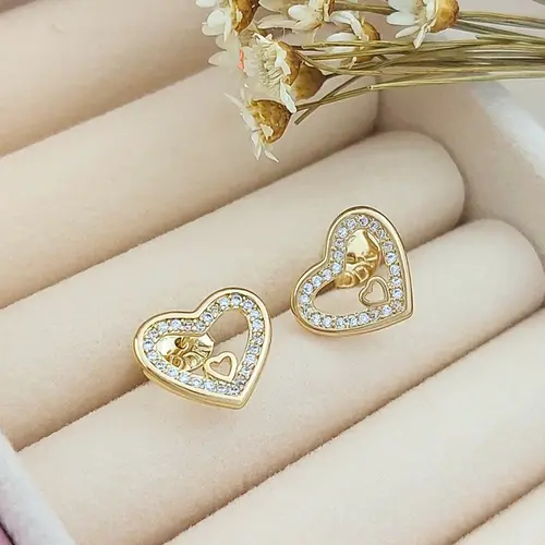 BRINCO CORAÇÃO CRAVEJADO DUPLO BANHADO A OURO 18K