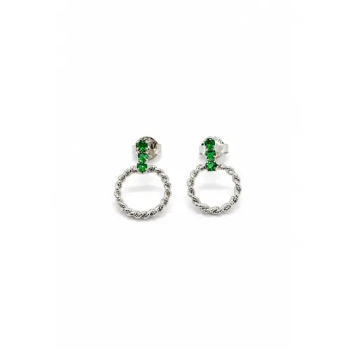 BRINCO CIRCULAR PEDRAS VERDES BANHADO A OURO BRANCO