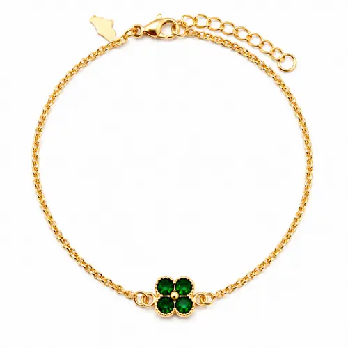 PULSEIRA TREVO VERDE BANHADA A OURO 18K.