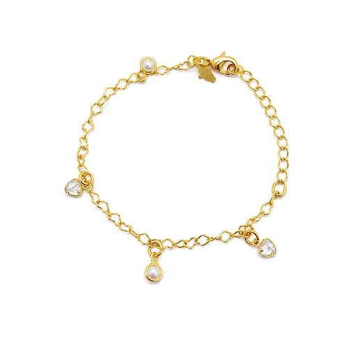 PULSEIRA CORAÇÃO E PEROLAS  BANHADA A OURO 18K.