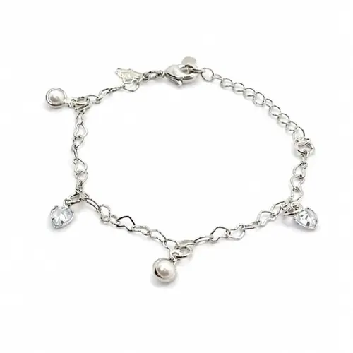 PULSEIRA CORAÇÃO E PEROLAS  BANHADA A OURO BRANCO.